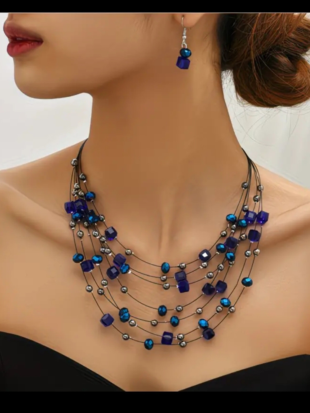 Elegant Multistrand Blue Bead Necklace and Earring Set